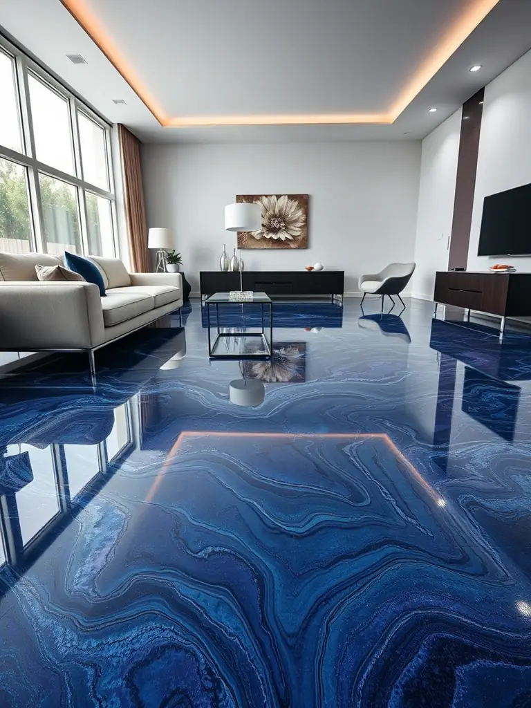 A high-resolution image showcasing a glossy, multi-colored epoxy floor with intricate patterns in a modern living room, highlighting the seamless and luxurious finish provided by Legora Luxe Surfaces.